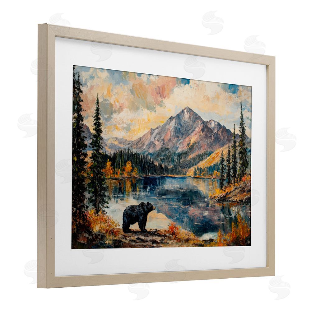 Petal Prints Design Mountain Bear Viewpoint Birch Framed Print Under Glass with White Mat Wall Art