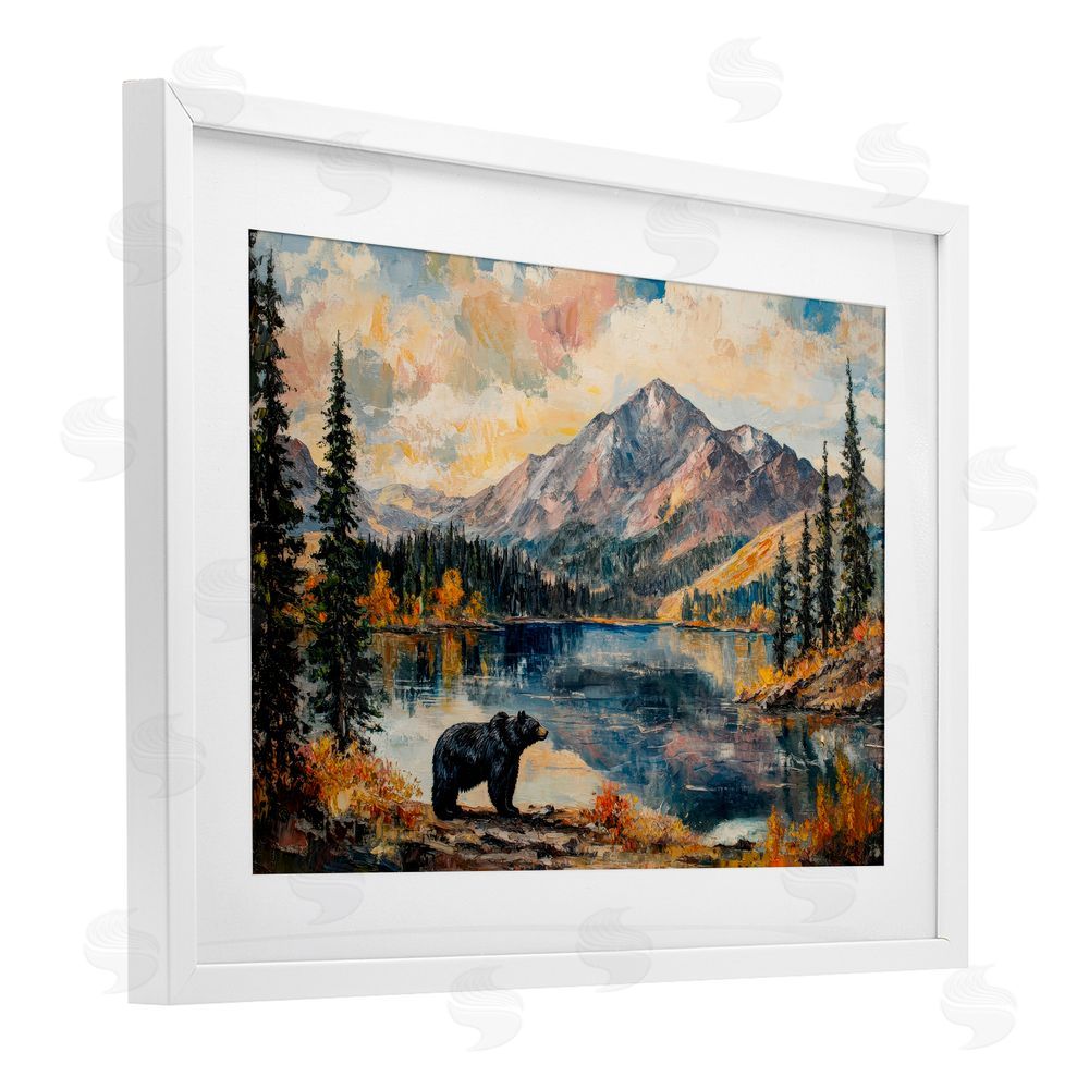 Petal Prints Design Mountain Bear Viewpoint White Framed Print Under Glass with Mat Wall Art