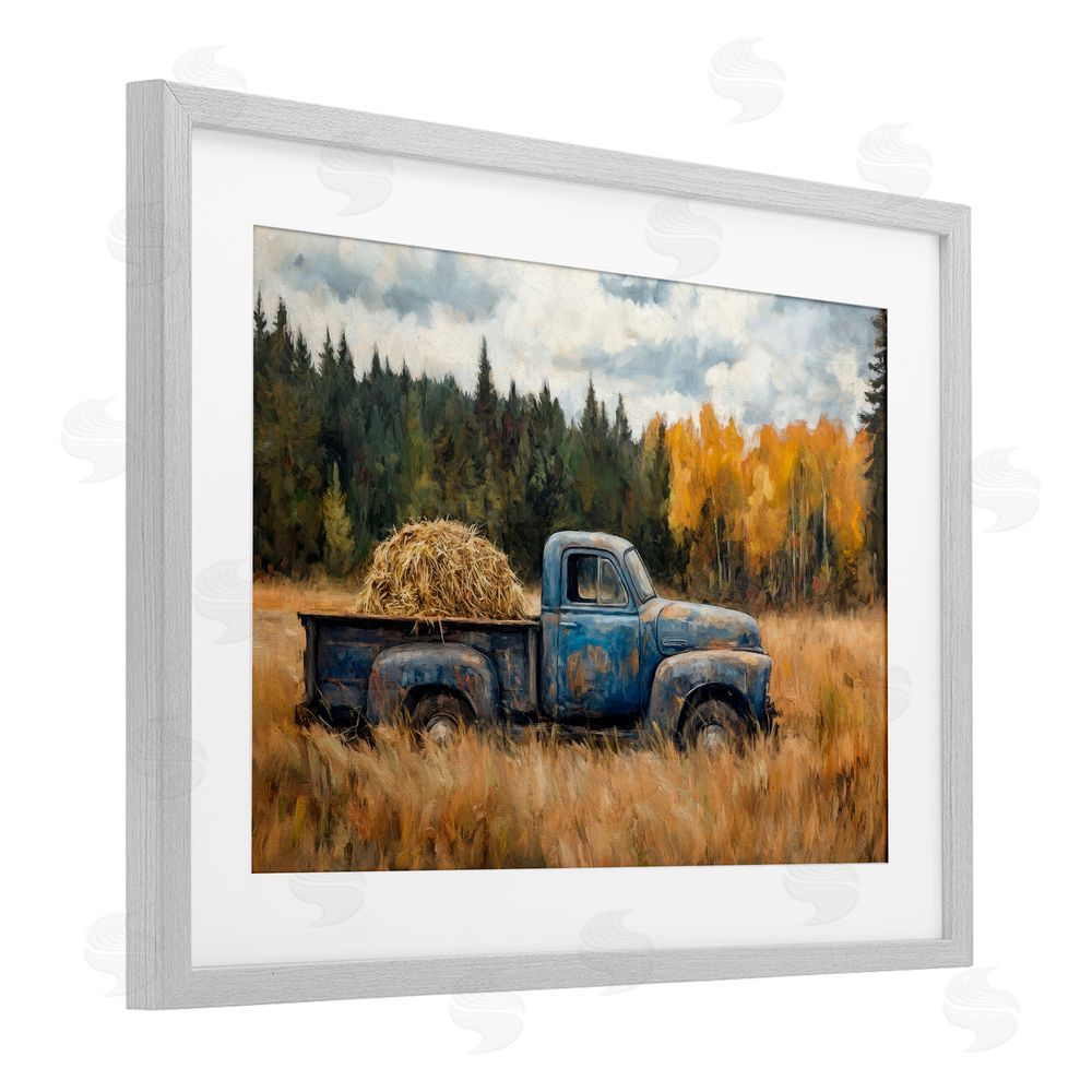 Petal Prints Design Hay Ride Country Field Gray Framed Print Under Glass with White Mat Wall Art