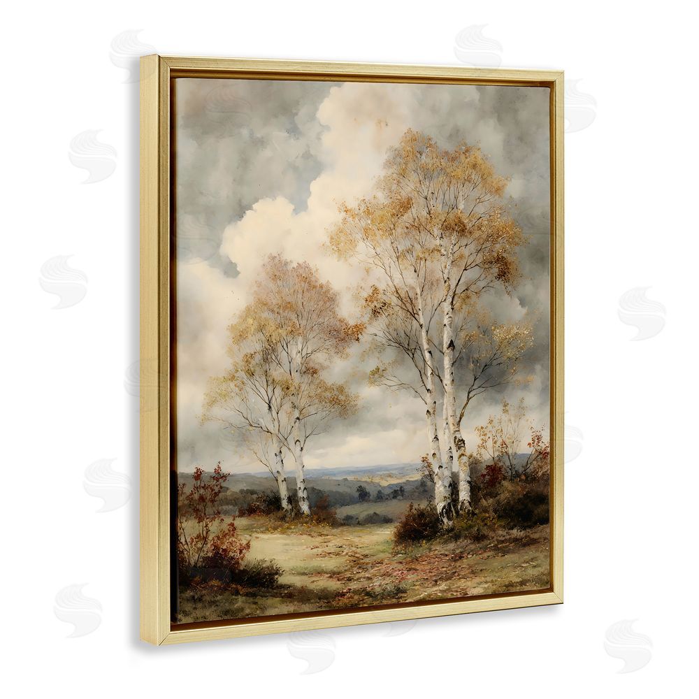 LSR Design Studio Looming Autumn Birch Trees Gold Floating Frame Canvas Wall Art Print
