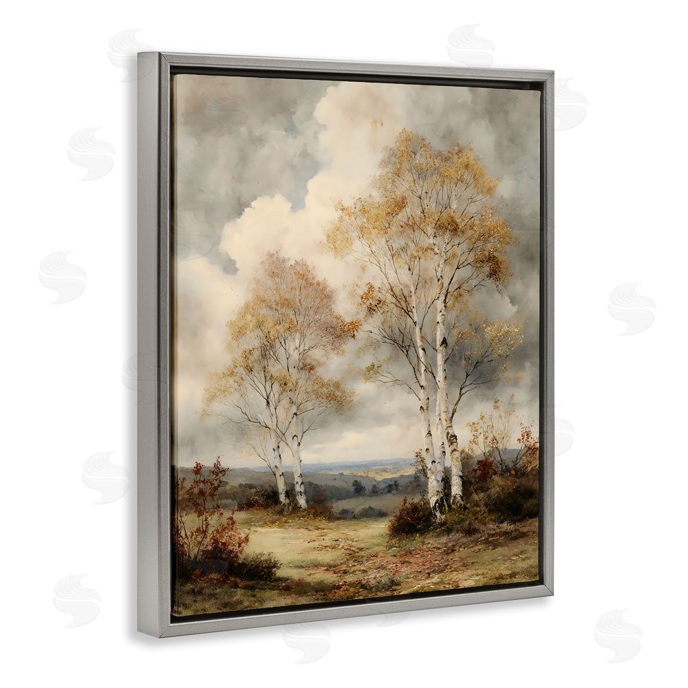 LSR Design Studio Looming Autumn Birch Trees Gray Floating Frame Canvas Wall Art Print