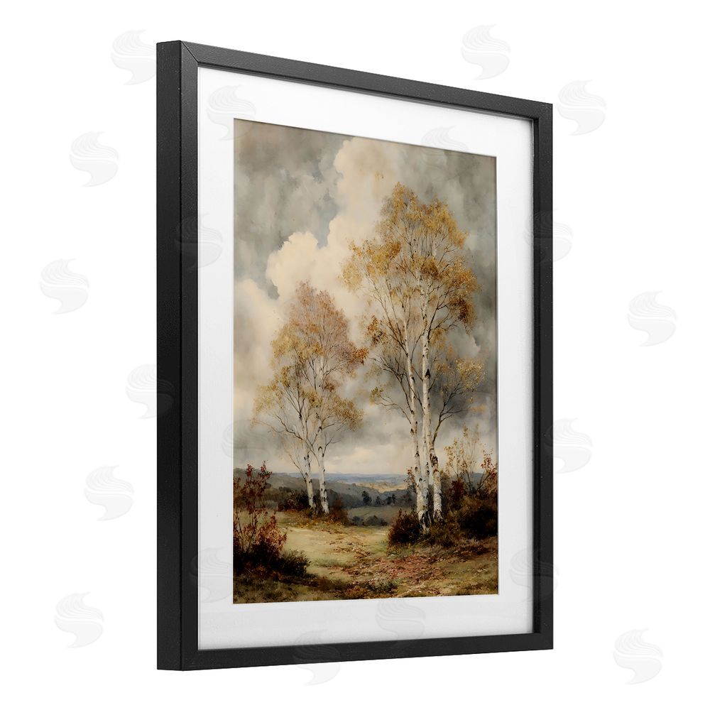 LSR Design Studio Looming Autumn Birch Trees Black Framed Print Under Glass with White Mat Wall Art