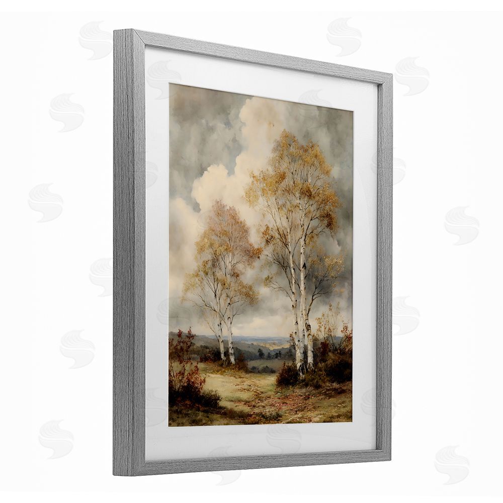 LSR Design Studio Looming Autumn Birch Trees Gray Framed Print Under Glass with White Mat Wall Art