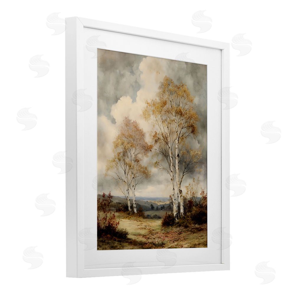 LSR Design Studio Looming Autumn Birch Trees White Framed Print Under Glass with Mat Wall Art