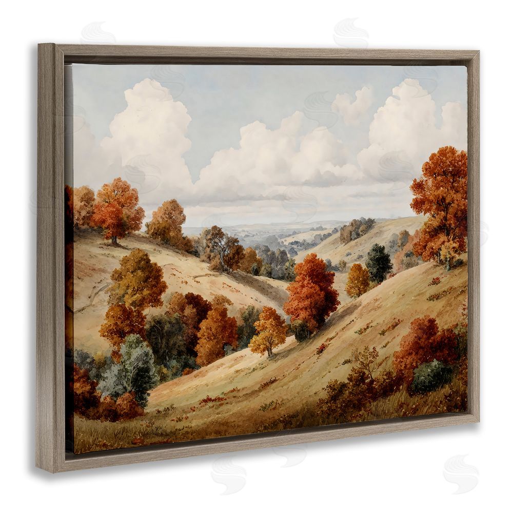 LSR Design Studio Autumn Tree Lined Hills Brown Floating Frame Canvas Wall Art Print