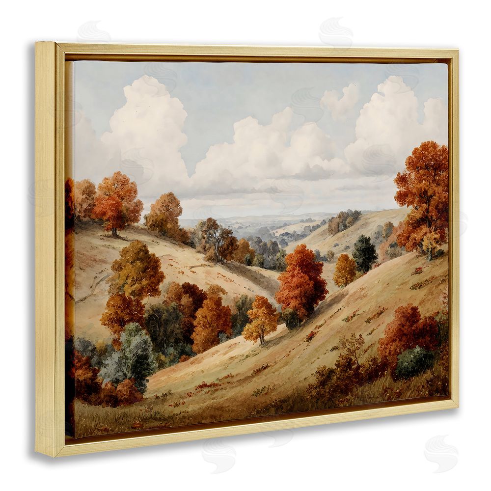 LSR Design Studio Autumn Tree Lined Hills Gold Floating Frame Canvas Wall Art Print