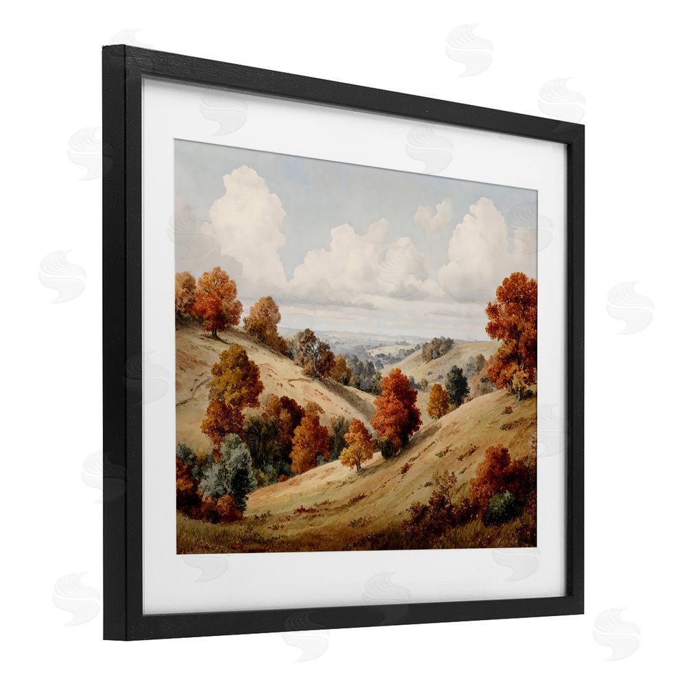 LSR Design Studio Autumn Tree Lined Hills Black Framed Print Under Glass with White Mat Wall Art