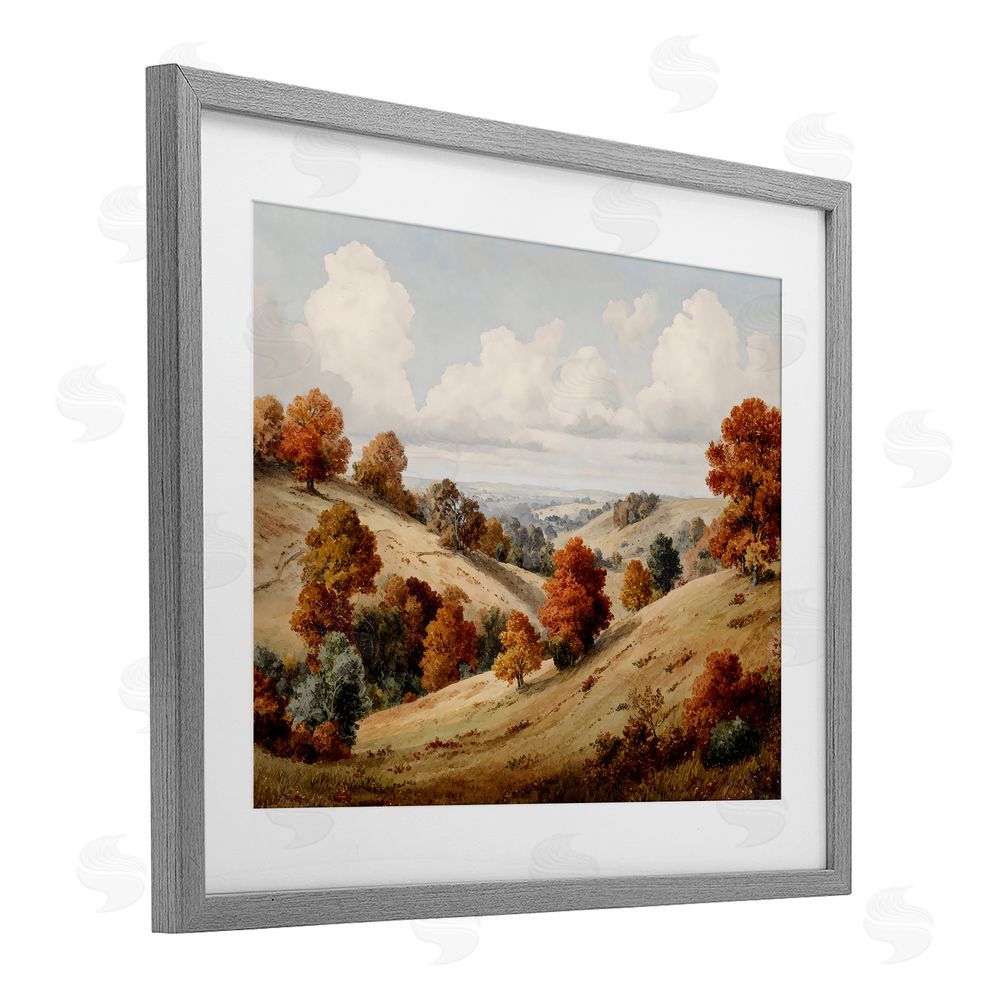 LSR Design Studio Autumn Tree Lined Hills Gray Framed Print Under Glass with White Mat Wall Art