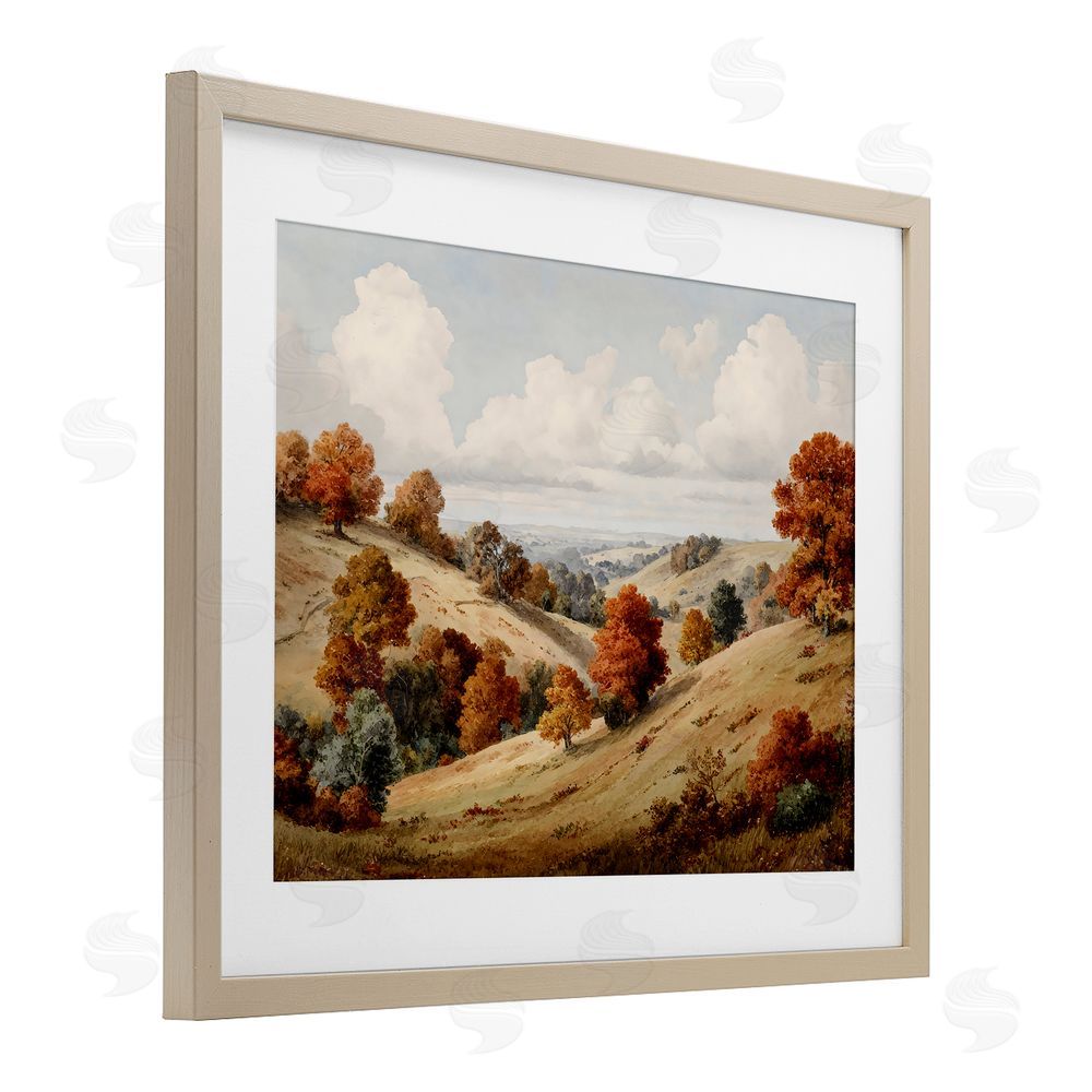 LSR Design Studio Autumn Tree Lined Hills Birch Framed Print Under Glass with White Mat Wall Art