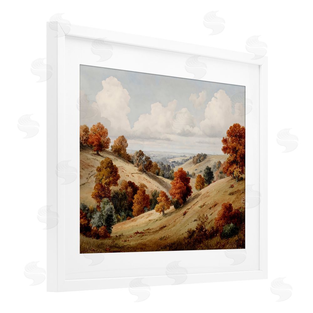 LSR Design Studio Autumn Tree Lined Hills White Framed Print Under Glass with Mat Wall Art