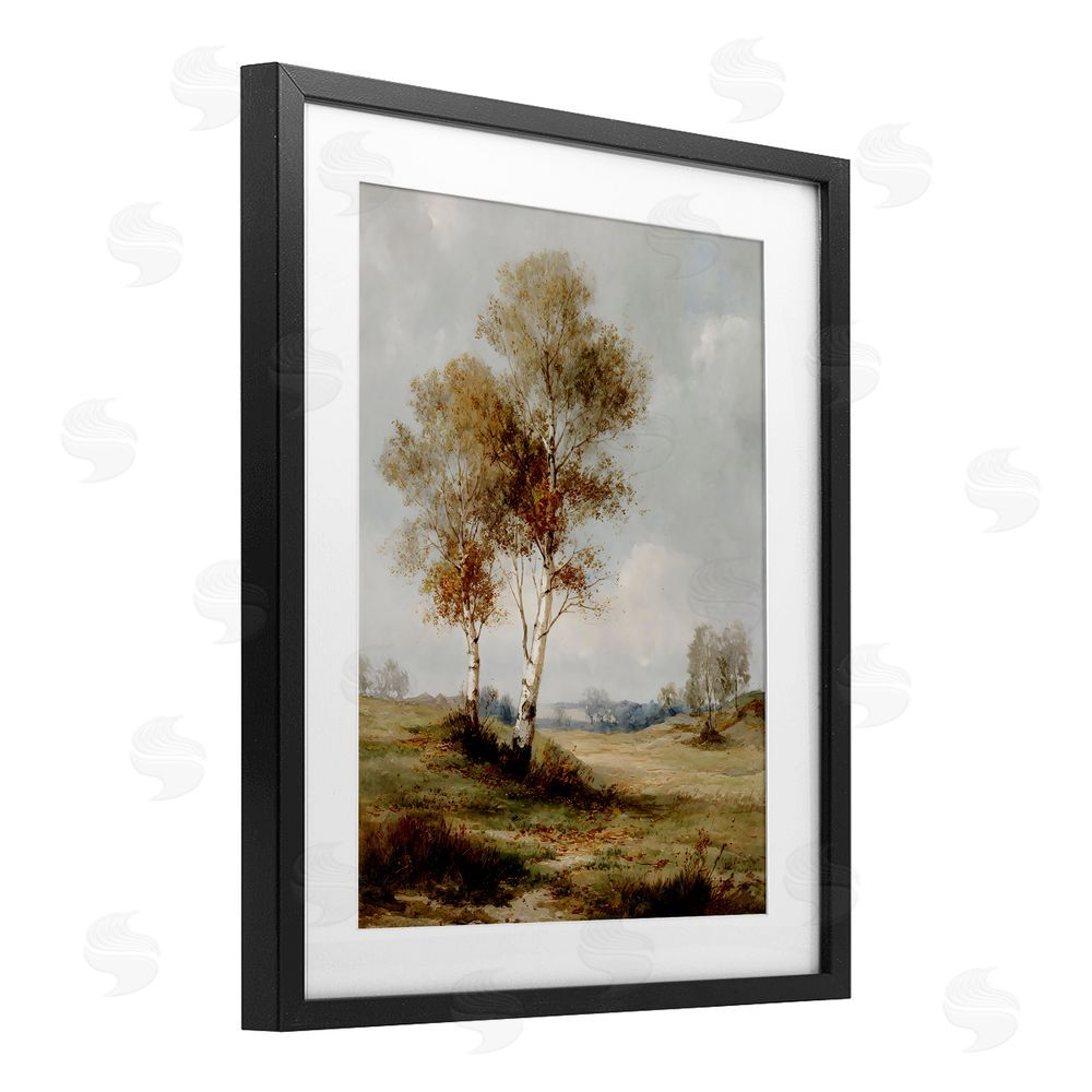 LSR Design Studio Autumn Countryside Trees Black Framed Print Under Glass with White Mat Wall Art