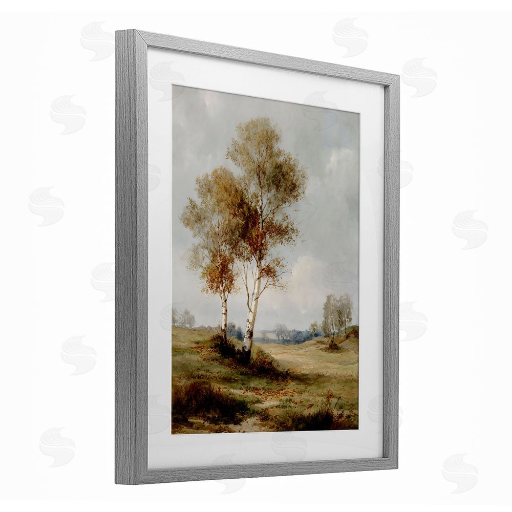 LSR Design Studio Autumn Countryside Trees Gray Framed Print Under Glass with White Mat Wall Art