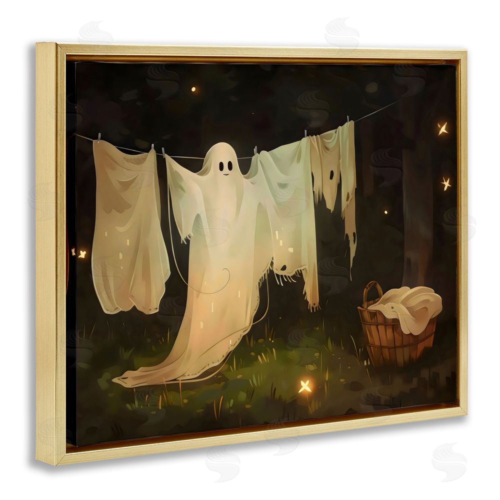 Arlington Prints Halloween Laundry Ghost Gold Floating Frame Canvas Wall Art Print