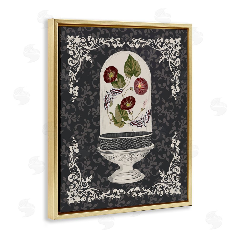 Radhika Modi Moths & Poppies in Glass Dome Gold Floating Frame Canvas Wall Art Print