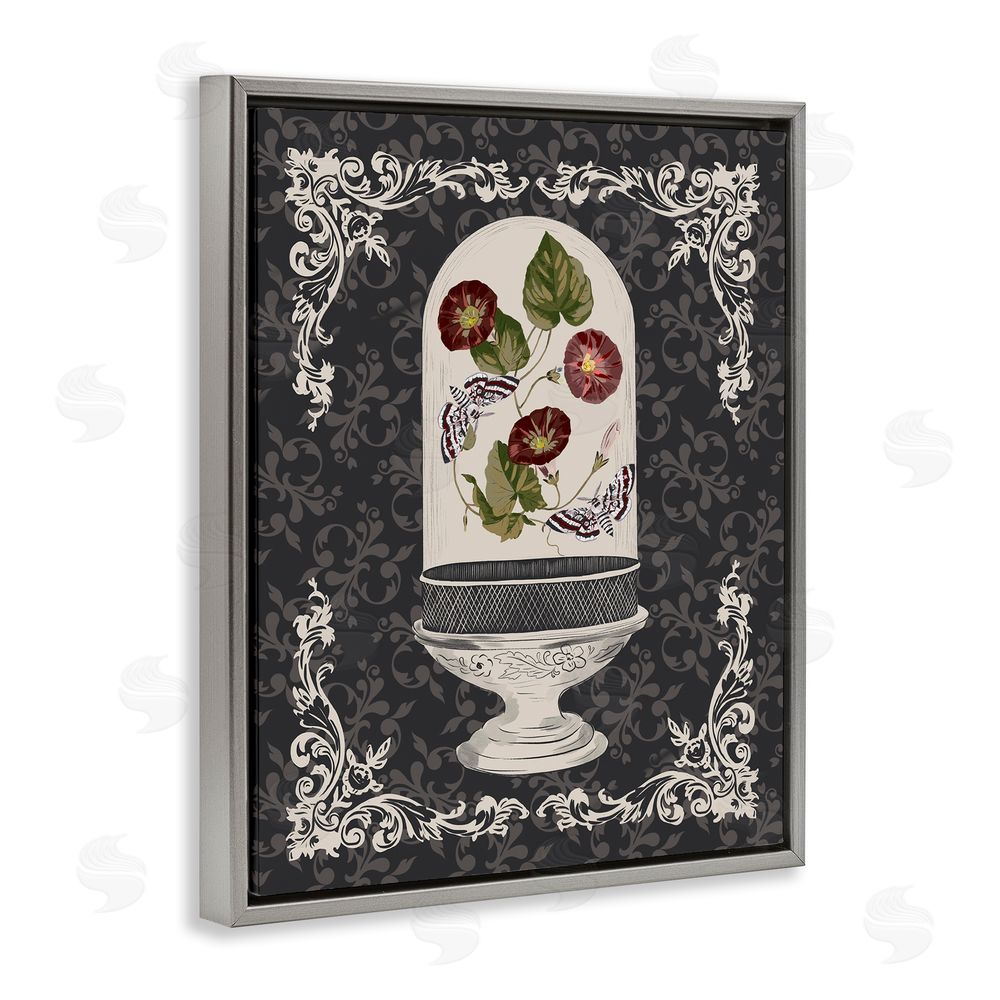 Radhika Modi Moths & Poppies in Glass Dome Gray Floating Frame Canvas Wall Art Print