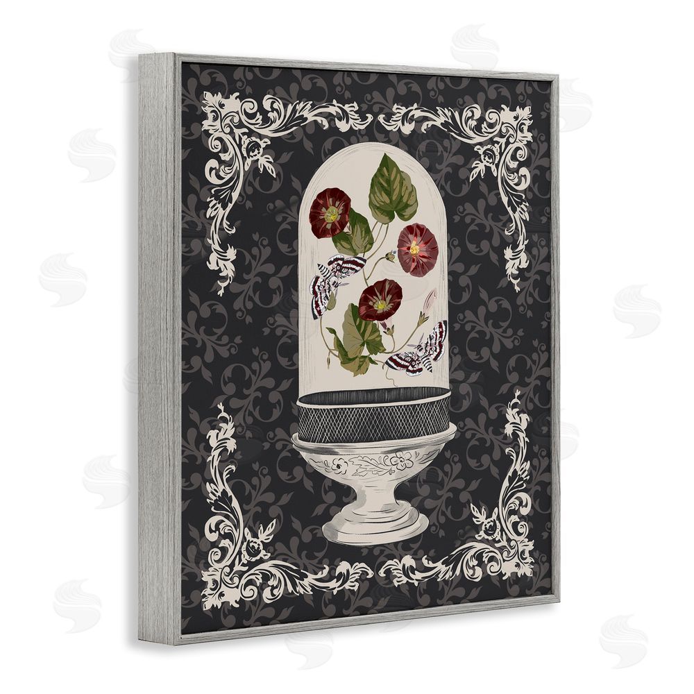 Radhika Modi Moths & Poppies in Glass Dome Gray Framed Giclee Wall Art Print