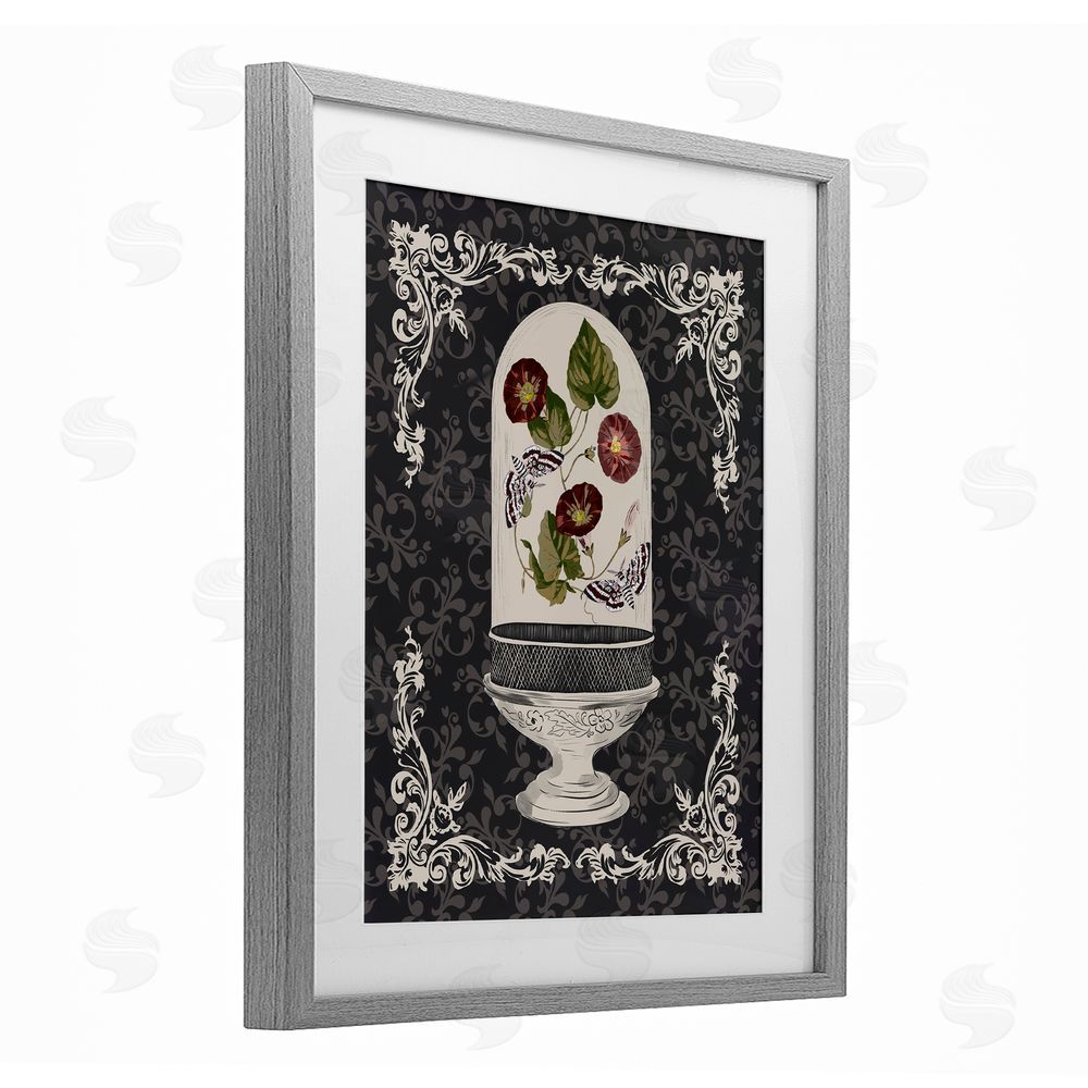 Radhika Modi Moths & Poppies in Glass Dome Gray Framed Print Under Glass with White Mat Wall Art
