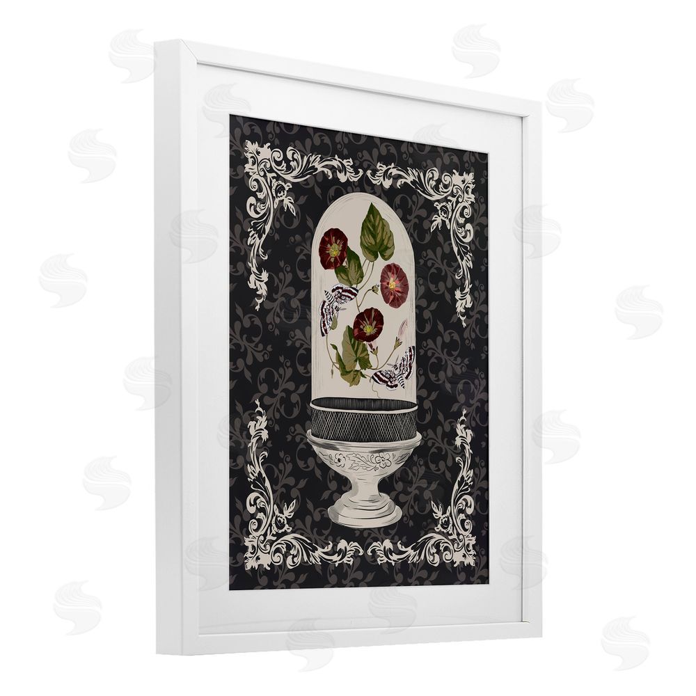 Radhika Modi Moths & Poppies in Glass Dome White Framed Print Under Glass with Mat Wall Art
