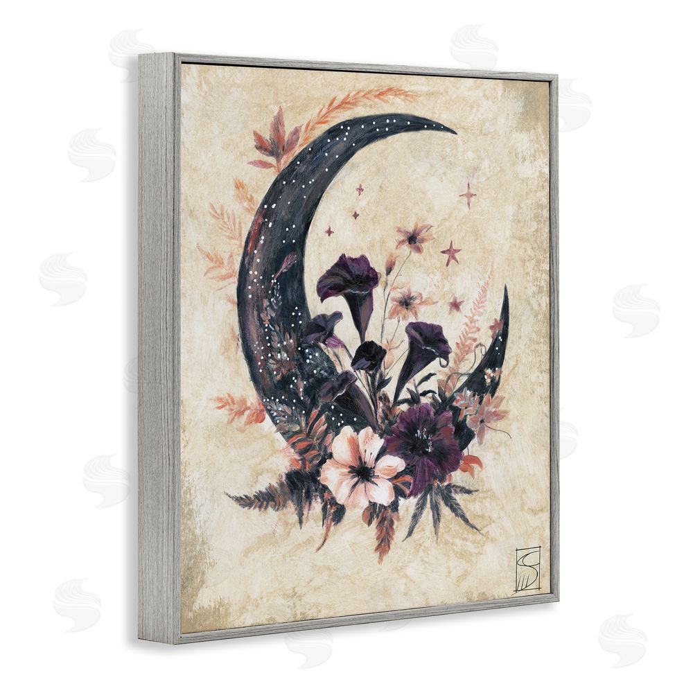 Sara Culpepper Vintage Moon & Floral Gray Framed Giclee Wall Art Print