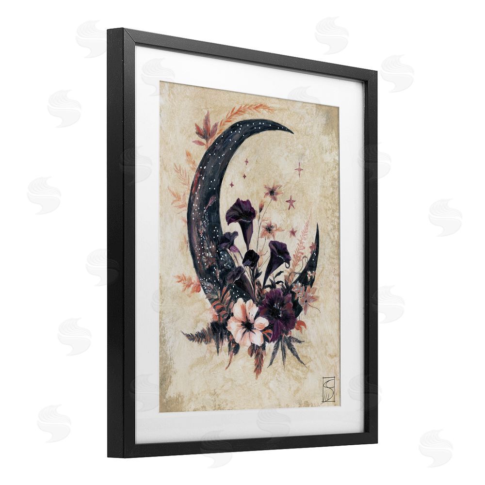 Sara Culpepper Vintage Moon & Floral Black Framed Print Under Glass with White Mat Wall Art