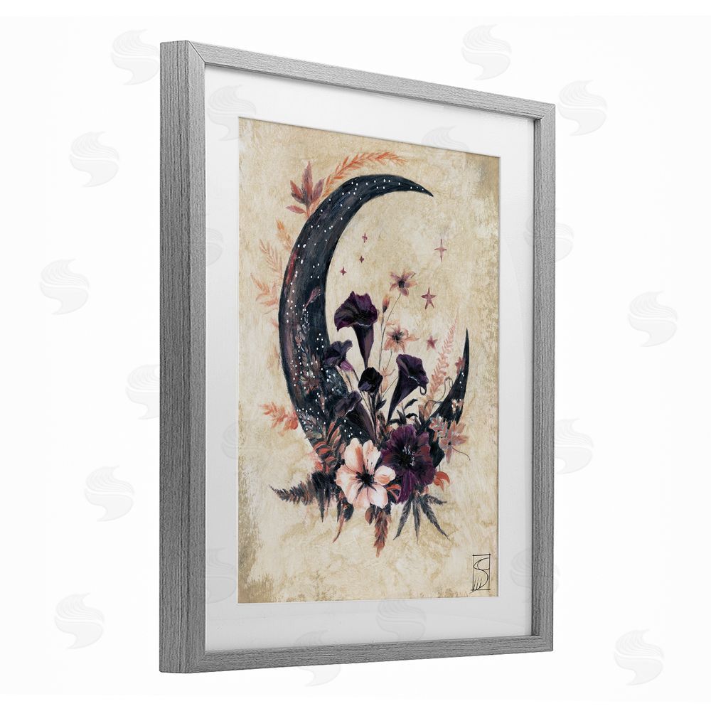 Sara Culpepper Vintage Moon & Floral Gray Framed Print Under Glass with White Mat Wall Art