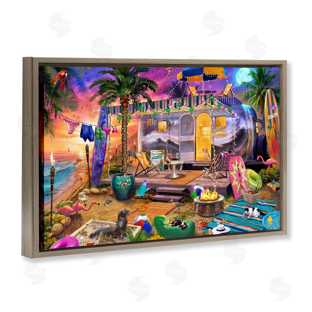 Jeff Haynie Fun Beach Vacation Camper Brown Floating Frame Canvas Wall Art Print