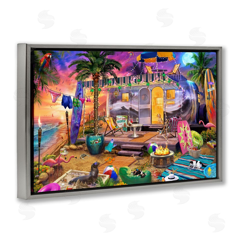 Jeff Haynie Fun Beach Vacation Camper Gray Floating Frame Canvas Wall Art Print