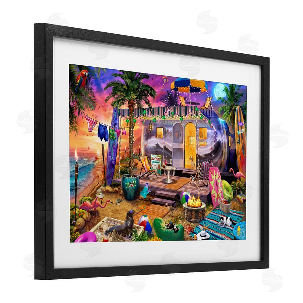 Jeff Haynie Fun Beach Vacation Camper Black Framed Print Under Glass with White Mat Wall Art