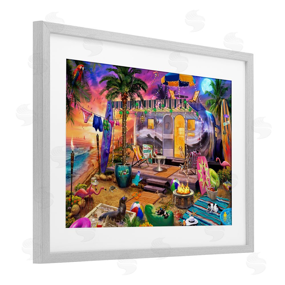 Jeff Haynie Fun Beach Vacation Camper Gray Framed Print Under Glass with White Mat Wall Art