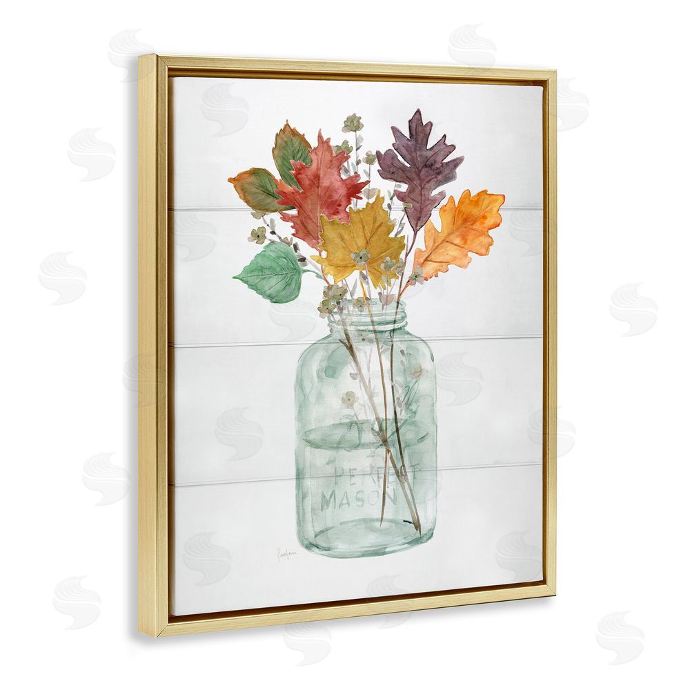 Livi Finn Harvest Home Leaves Jar Gold Floating Frame Canvas Wall Art Print