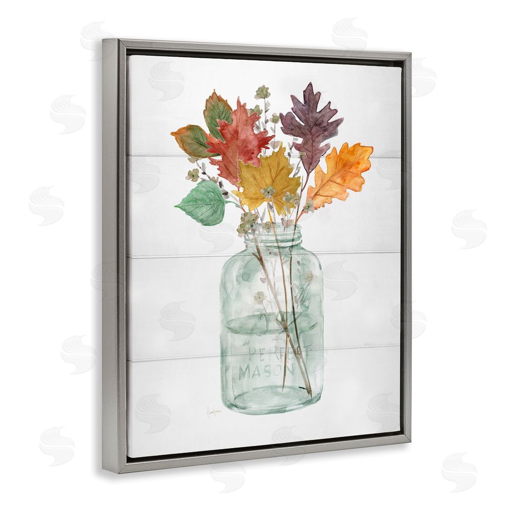 Livi Finn Harvest Home Leaves Jar Gray Floating Frame Canvas Wall Art Print