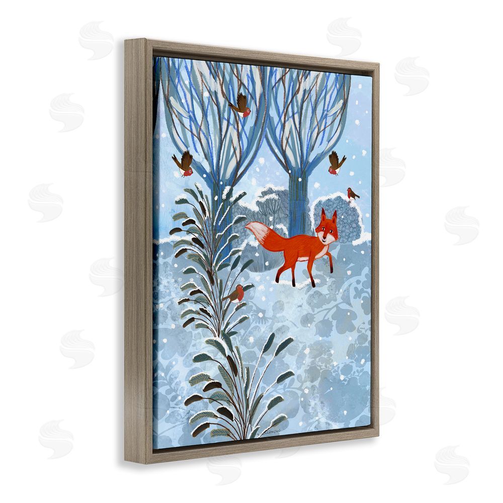 Kay Widdowson Festive Fox Winter Woodlands Brown Floating Frame Canvas Wall Art Print