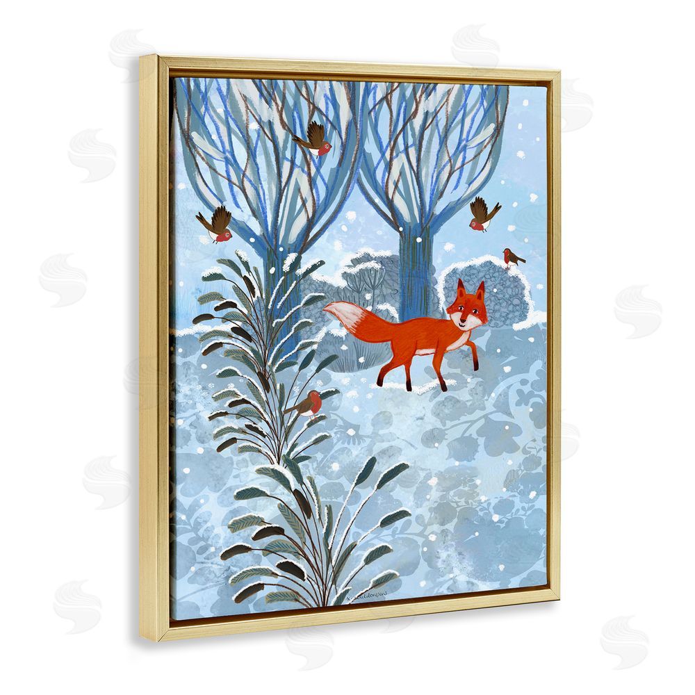 Kay Widdowson Festive Fox Winter Woodlands Gold Floating Frame Canvas Wall Art Print