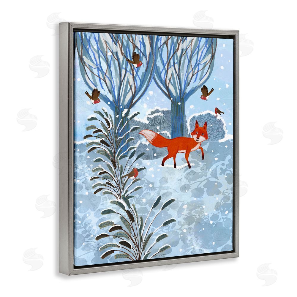 Kay Widdowson Festive Fox Winter Woodlands Gray Floating Frame Canvas Wall Art Print