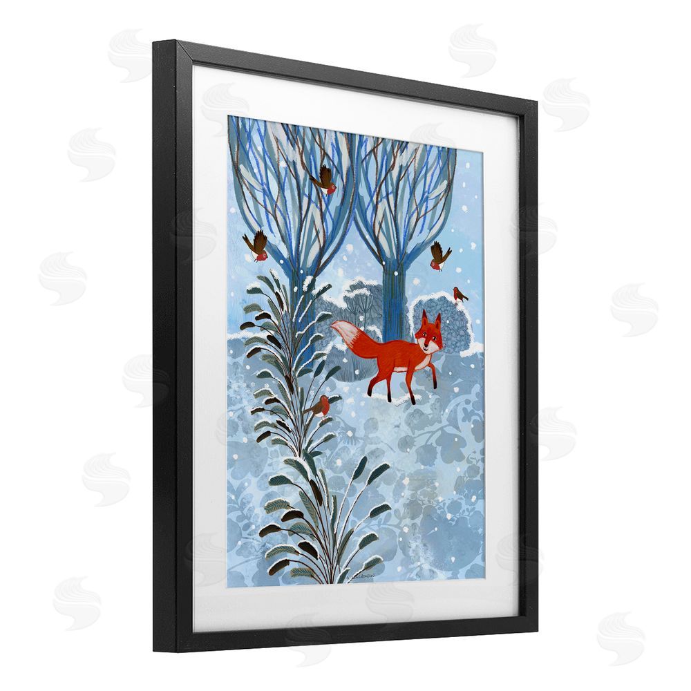 Kay Widdowson Festive Fox Winter Woodlands Black Framed Print Under Glass with White Mat Wall Art