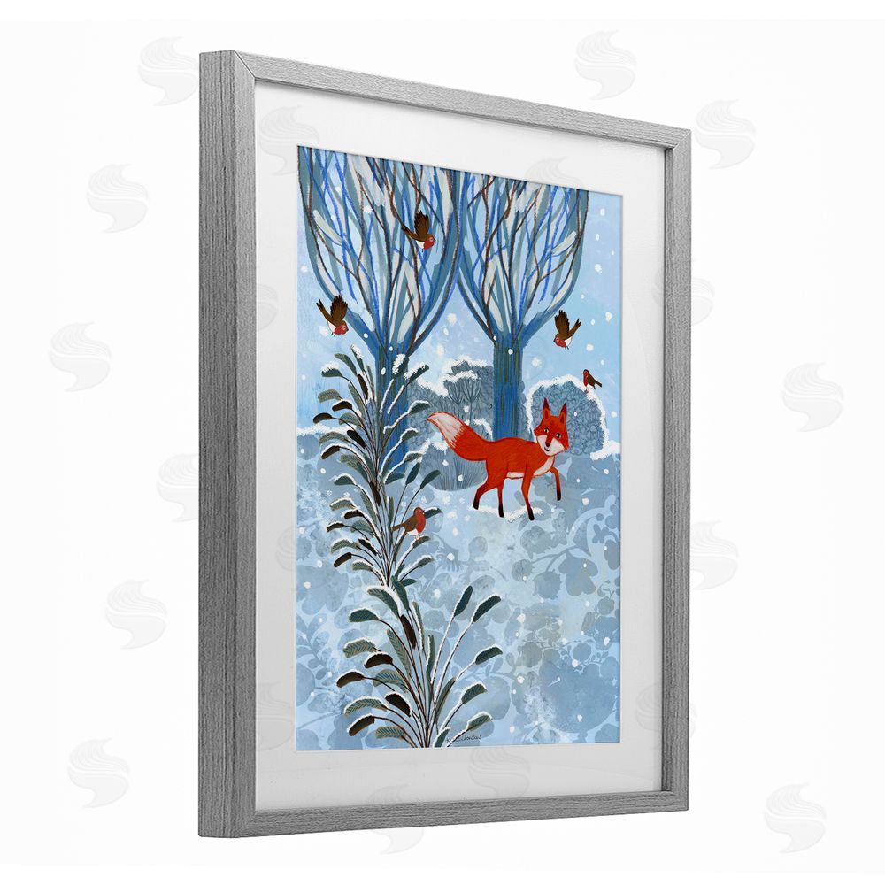 Kay Widdowson Festive Fox Winter Woodlands Gray Framed Print Under Glass with White Mat Wall Art