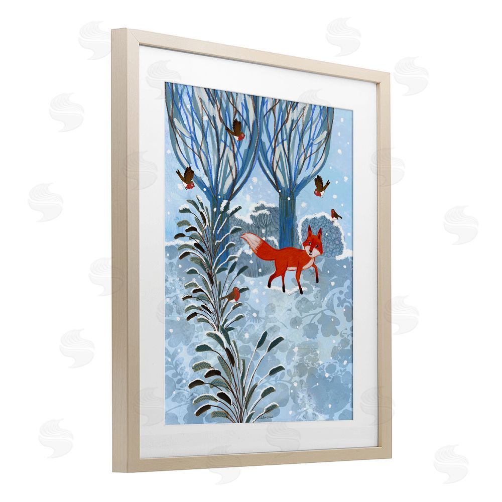 Kay Widdowson Festive Fox Winter Woodlands Birch Framed Print Under Glass with White Mat Wall Art