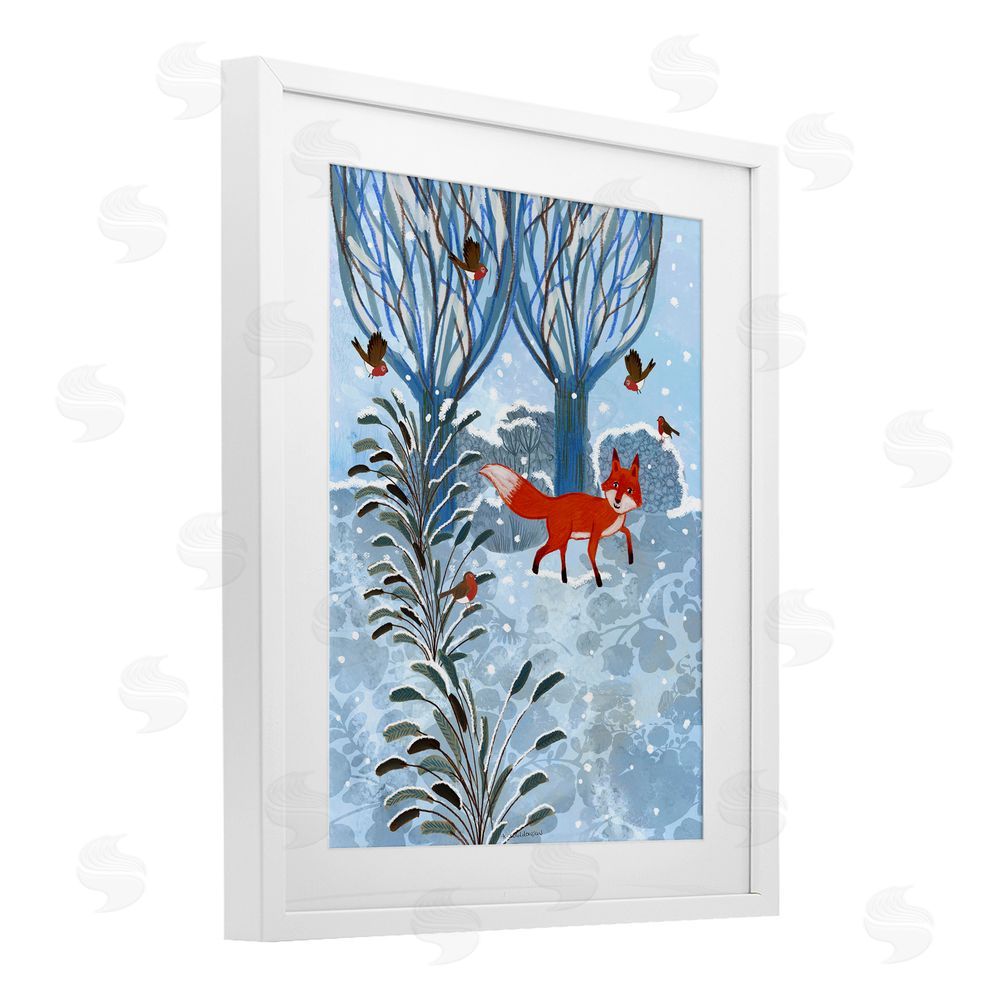 Kay Widdowson Festive Fox Winter Woodlands White Framed Print Under Glass with Mat Wall Art