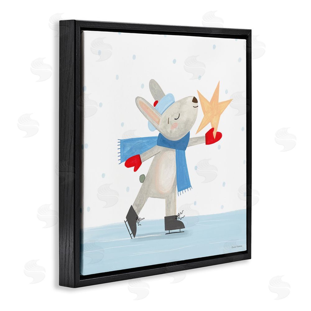 Rachel Nieman Ice Skating Bunny with Star Black Floating Frame Canvas Wall Art Print