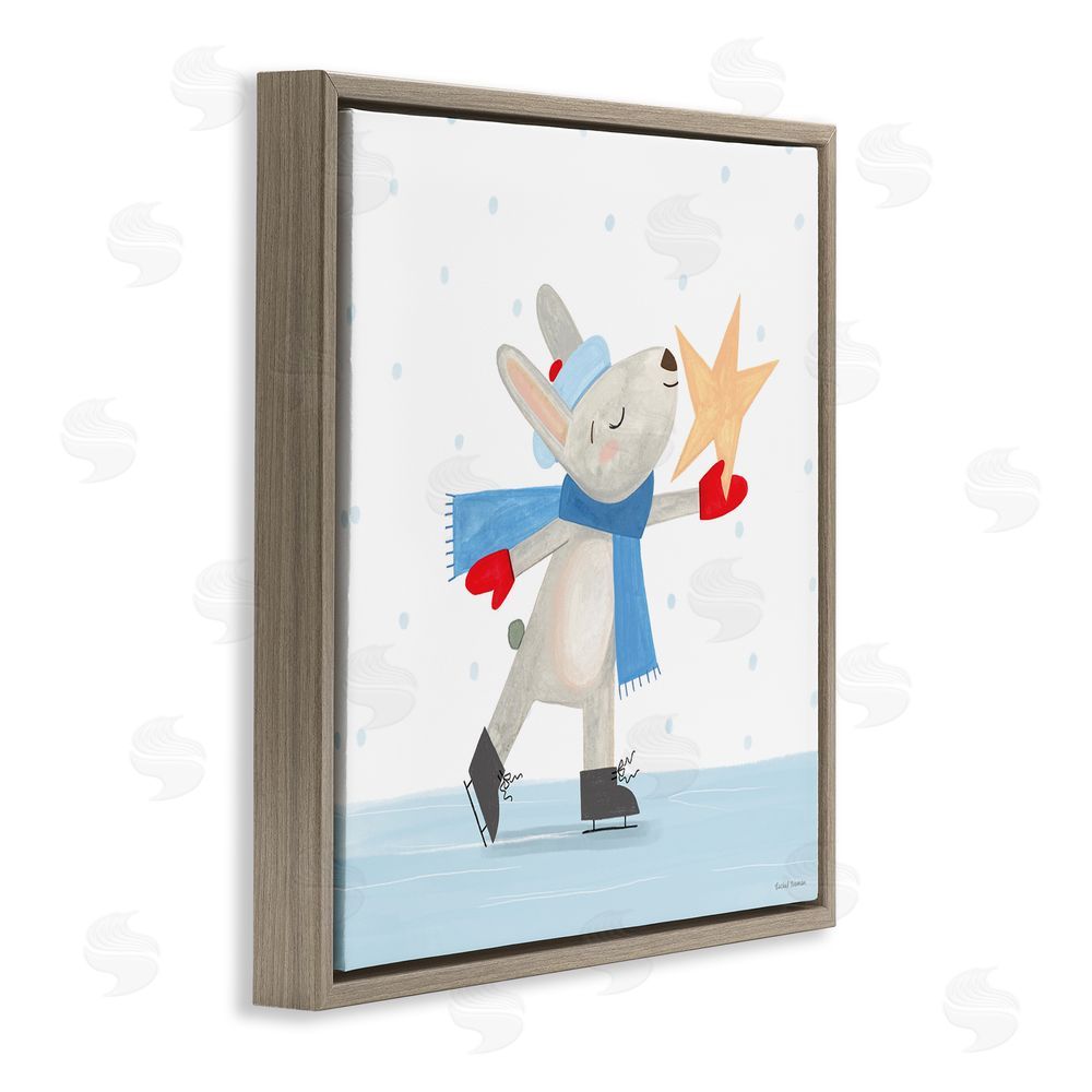 Rachel Nieman Ice Skating Bunny with Star Brown Floating Frame Canvas Wall Art Print