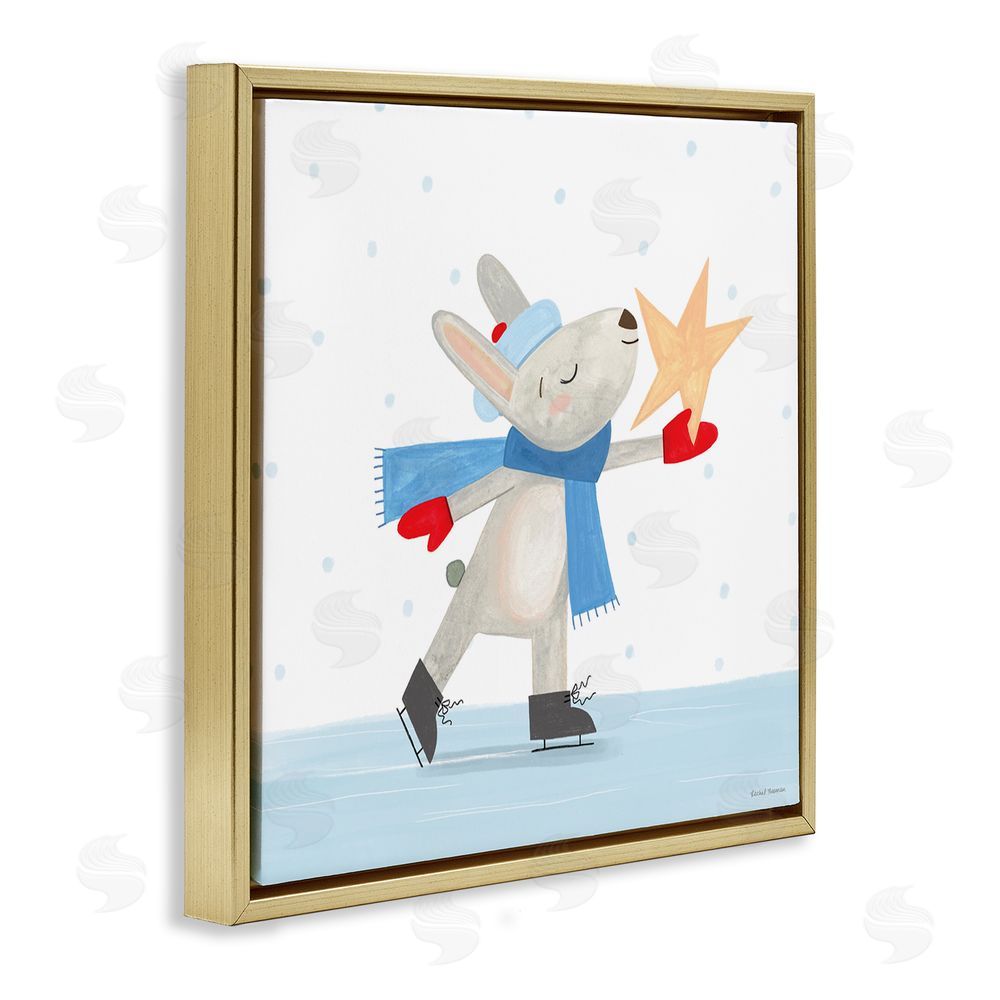 Rachel Nieman Ice Skating Bunny with Star Gold Floating Frame Canvas Wall Art Print
