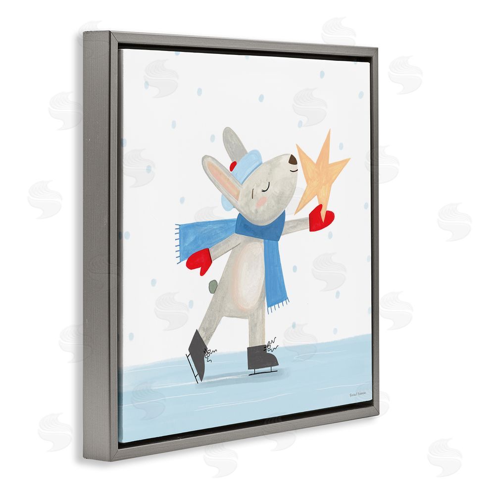 Rachel Nieman Ice Skating Bunny with Star Gray Floating Frame Canvas Wall Art Print