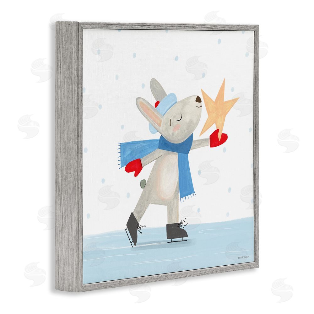 Rachel Nieman Ice Skating Bunny with Star Gray Framed Giclee Wall Art Print