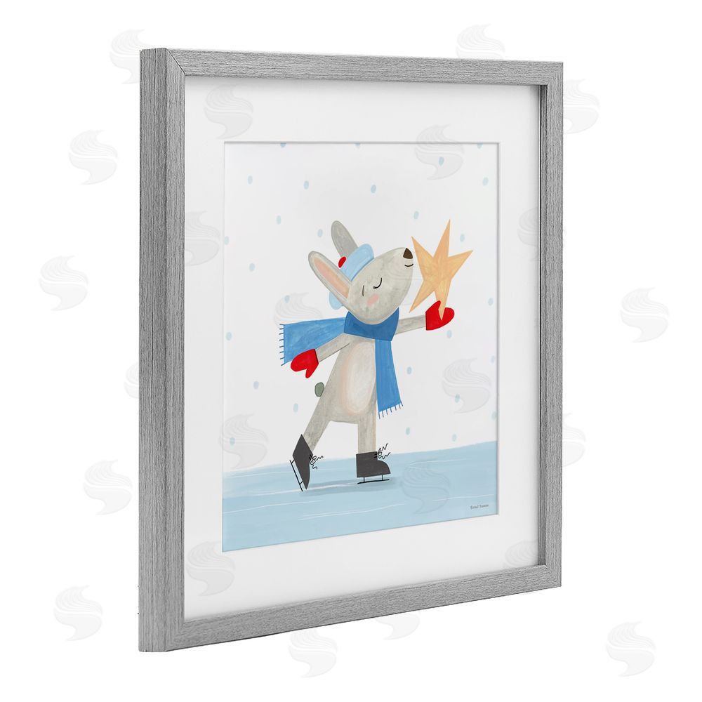 Rachel Nieman Ice Skating Bunny with Star Gray Framed Print Under Glass with White Mat Wall Art