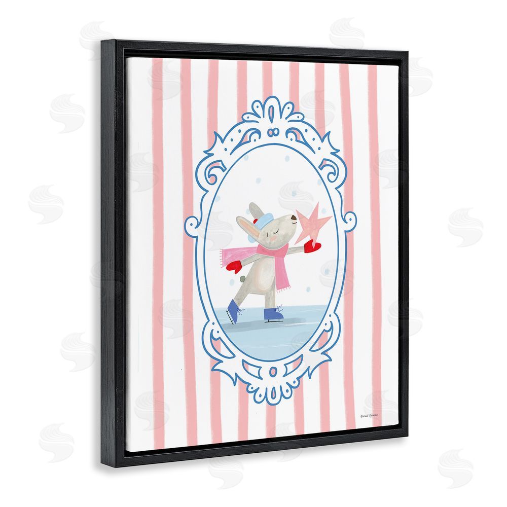 Rachel Nieman Wintery Bunny Ice Skating Black Floating Frame Canvas Wall Art Print