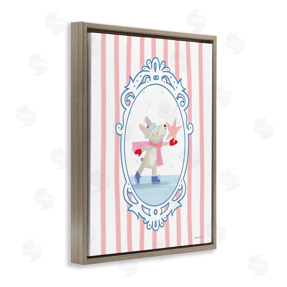 Rachel Nieman Wintery Bunny Ice Skating Brown Floating Frame Canvas Wall Art Print