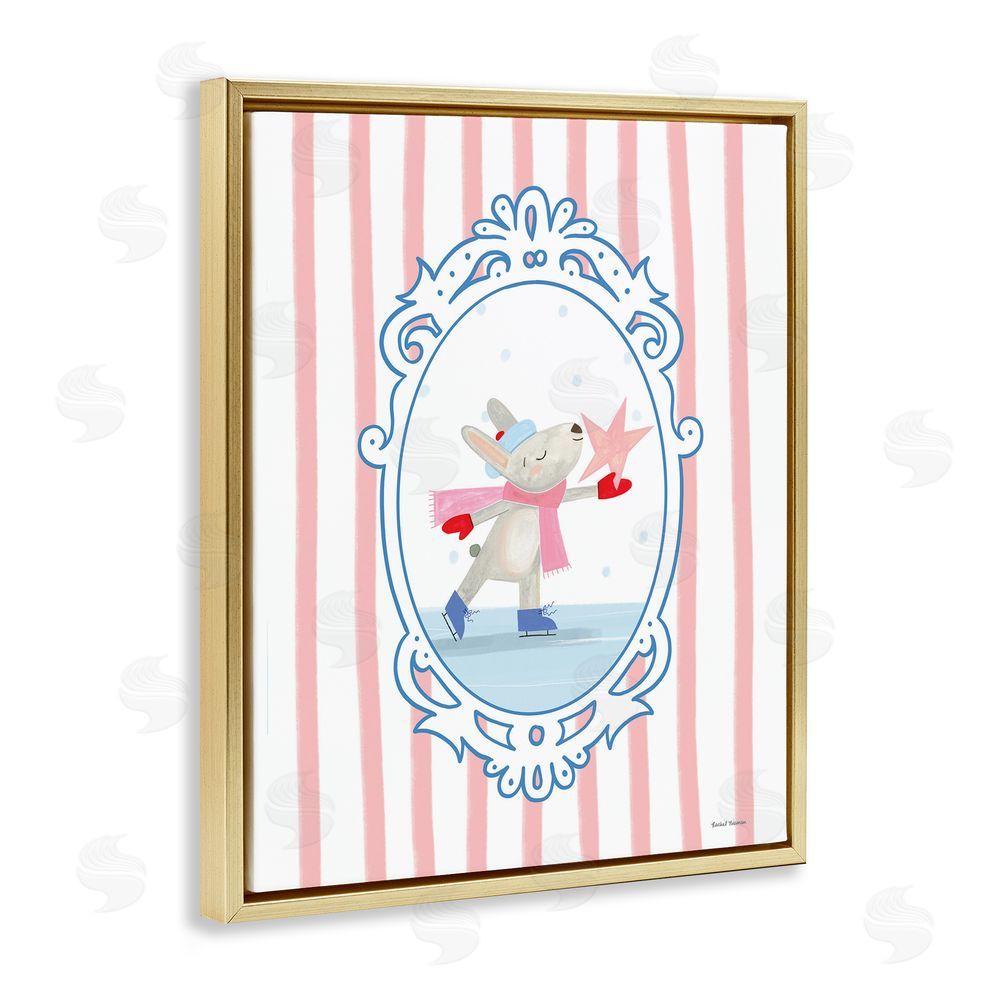 Rachel Nieman Wintery Bunny Ice Skating Gold Floating Frame Canvas Wall Art Print