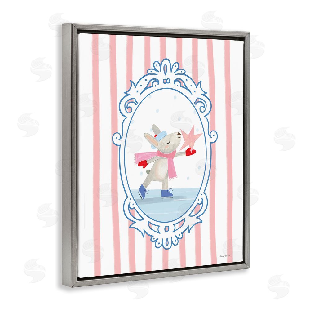 Rachel Nieman Wintery Bunny Ice Skating Gray Floating Frame Canvas Wall Art Print