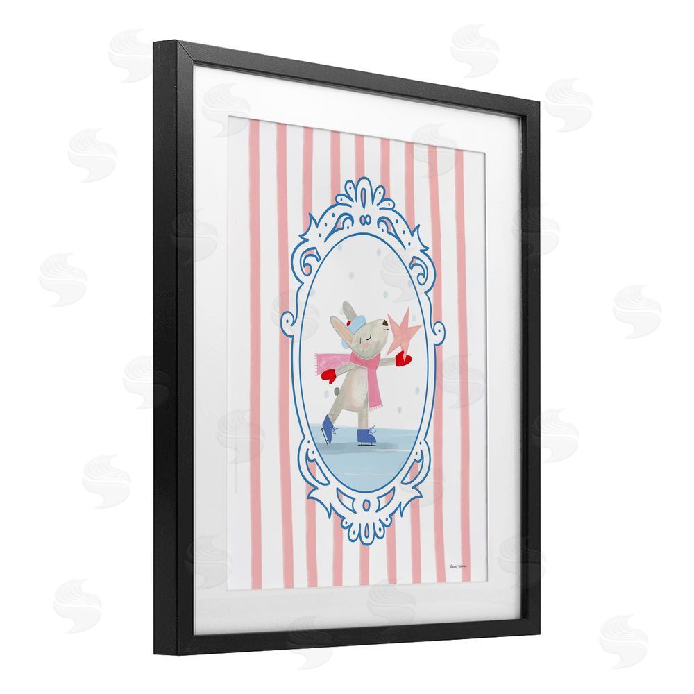 Rachel Nieman Wintery Bunny Ice Skating Black Framed Print Under Glass with White Mat Wall Art