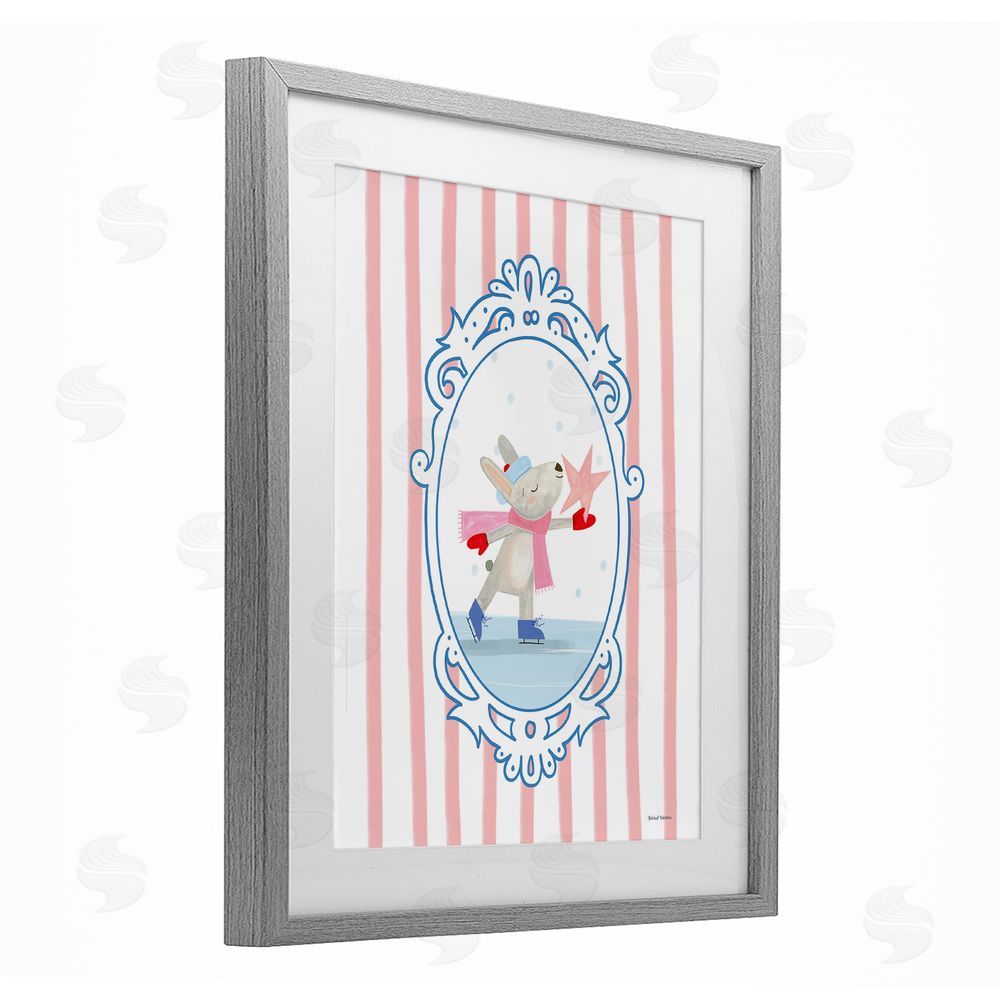 Rachel Nieman Wintery Bunny Ice Skating Gray Framed Print Under Glass with White Mat Wall Art